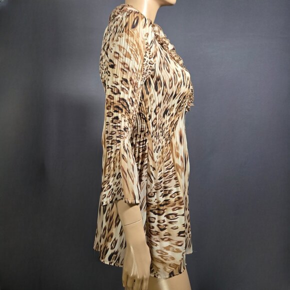 Y2K Animal Print Ruffled Chiffon Babydoll Tunic Top Mini Dress Size M Beige - Picture 8 of 12
